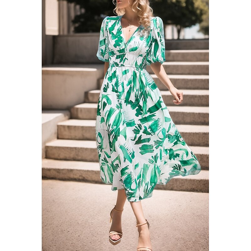 Women's Midi Dress Graduation Dress Floral Dress Fashion Outdoor Graduation Going out Regular Fit Flower Short Sleeve V Neck Black Light Green Red Blue Summer4