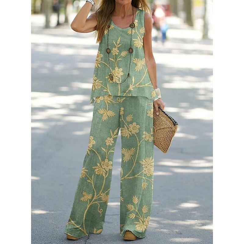 Women's Pant Set Vacation Fashion Daily Vest Sleeveless Crew Neck Geometric Vacation Casual Daily White Yellow Light Green Summer Regular Fit2