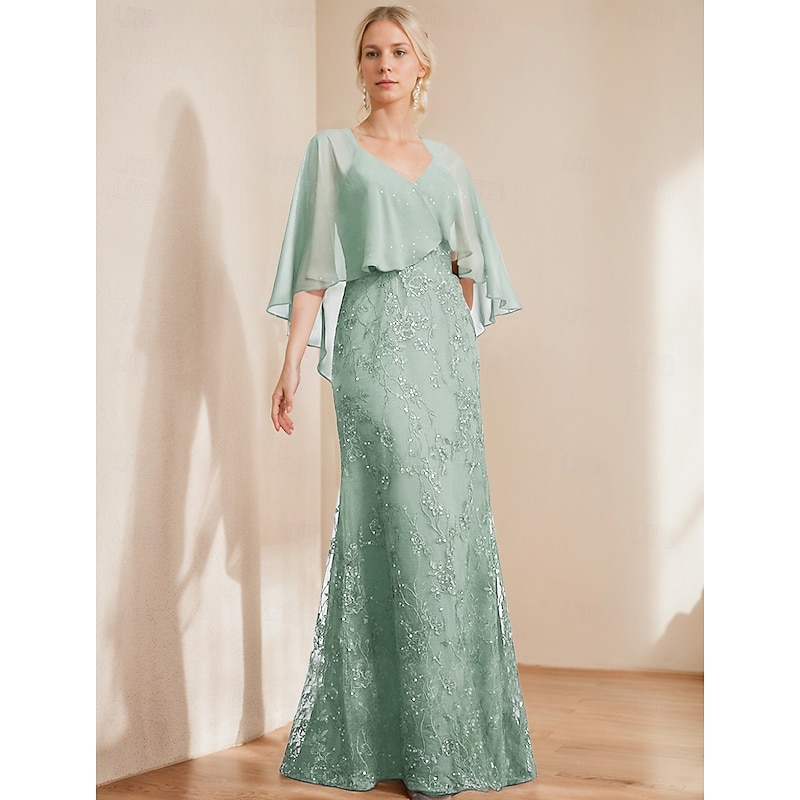 A-Line Dress Mother of the Bride Dress Elegant Sparkle & Shine V Neck Floor Length Chiffon Lace Short Sleeve with Lace Sequin2