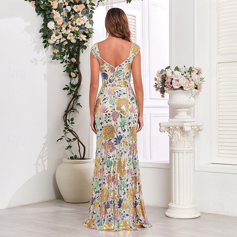 Floral Embroidered Mermaid / Trumpet Evening Gown Vintage Dress Formal Prom Floor Length Sleeveless V Neck Sequined3