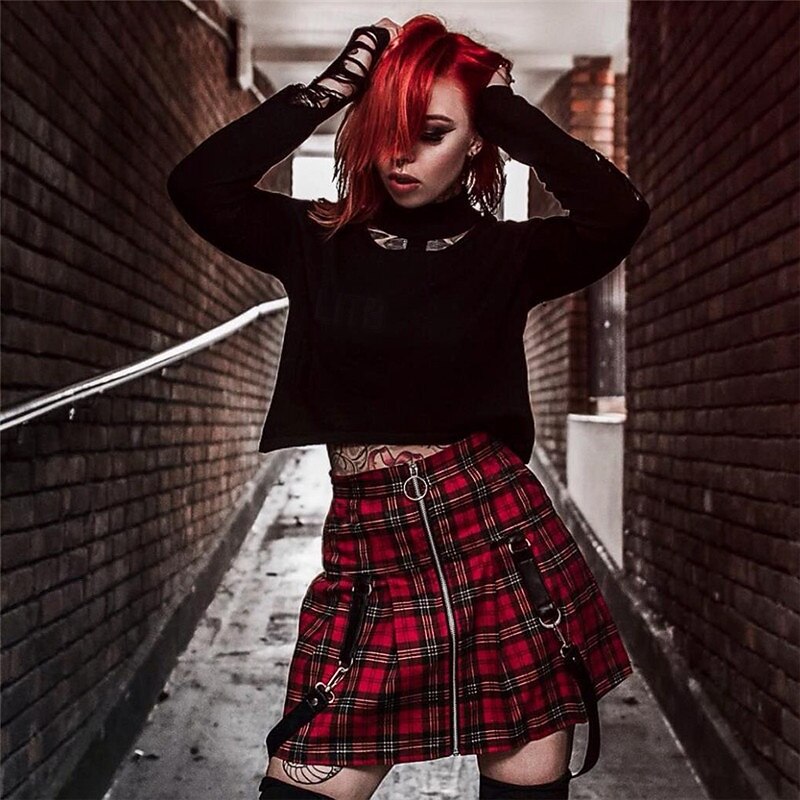 Retro Vintage Punk & Gothic 1980s Mini Skirt Pop Star Rocker High Waist Check Fancy Dress Women's Halloween Carnival Party Adults' Skirt Spring & Summer2