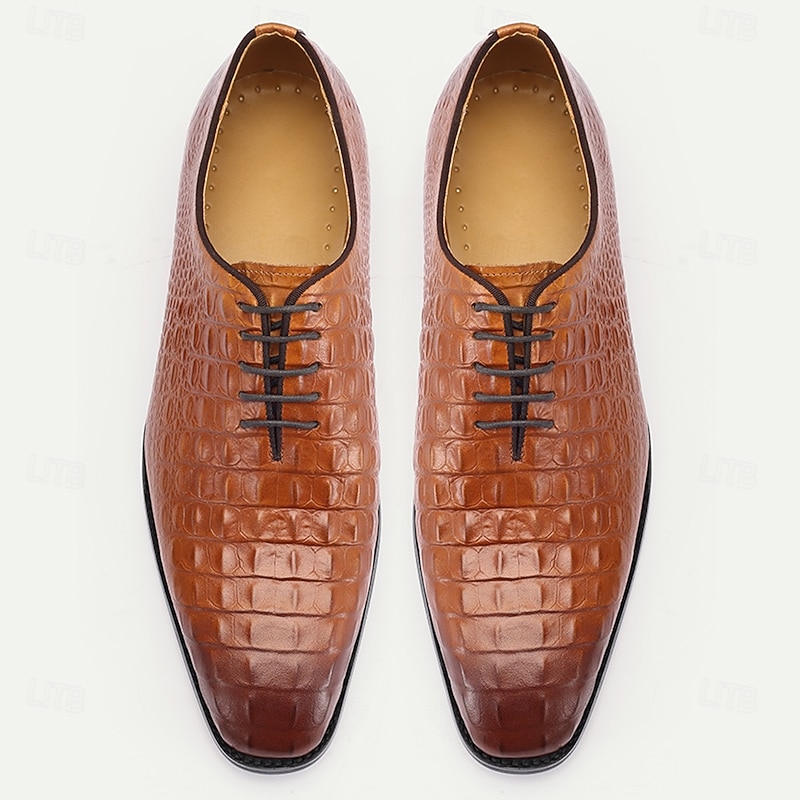 Men's Oxfords Crocodile Pattern Leather Shoes in Cognac - Elegant for Business and Kentucky Derby4