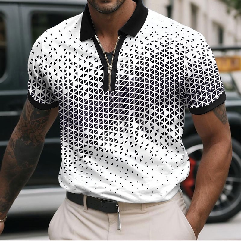 Men's Geometic Zip Polo Shirts Short Sleeve Polo Shirts Collared Shirts Business Casual Business Athleisure Wear to work Daily Wear 3D Print Summer Black White Red2