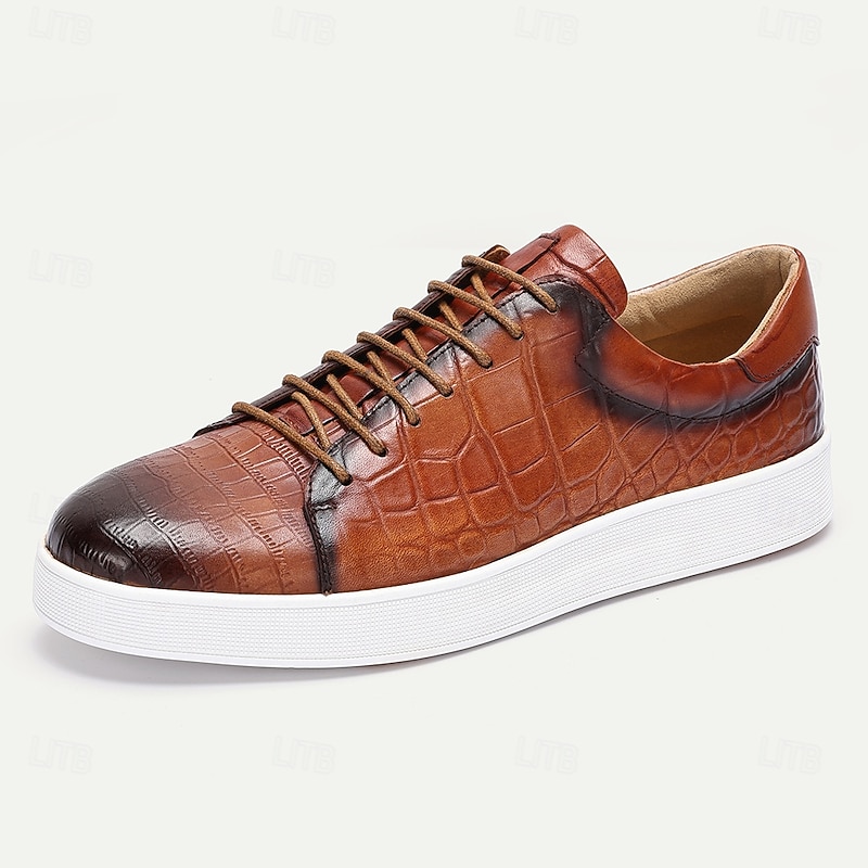 Men's Brown Genuine Leather Sneakers – Stylish Crocodile Embossed Lace-Up Casual Shoes for Daily Wear2
