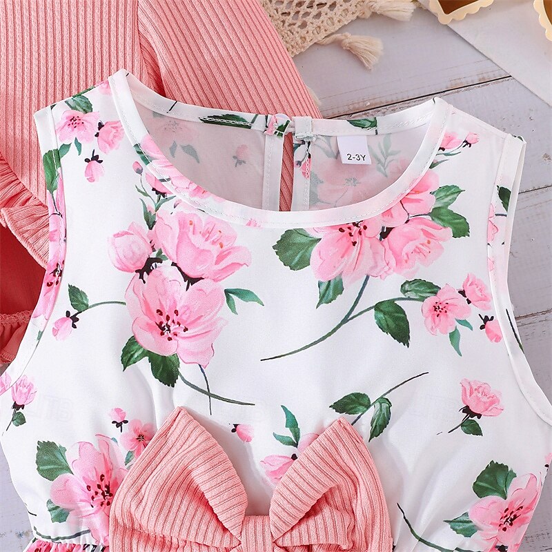 2 Pieces Kids Girls' Floral Tie Knot Dress Suits Set Long Sleeve Fashion School 4 years+ Summer Pink Red Blue4