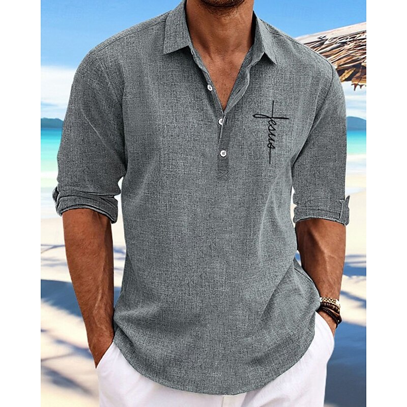 Men's Shirt Popover Shirt Summer Shirt Casual Shirt Beach Shirt Black Sky Blue khaki Gray Long Sleeve Cross Lapel Vacation Hawaiian Button-Down Clothing Apparel Fashion Casual Comfortable4