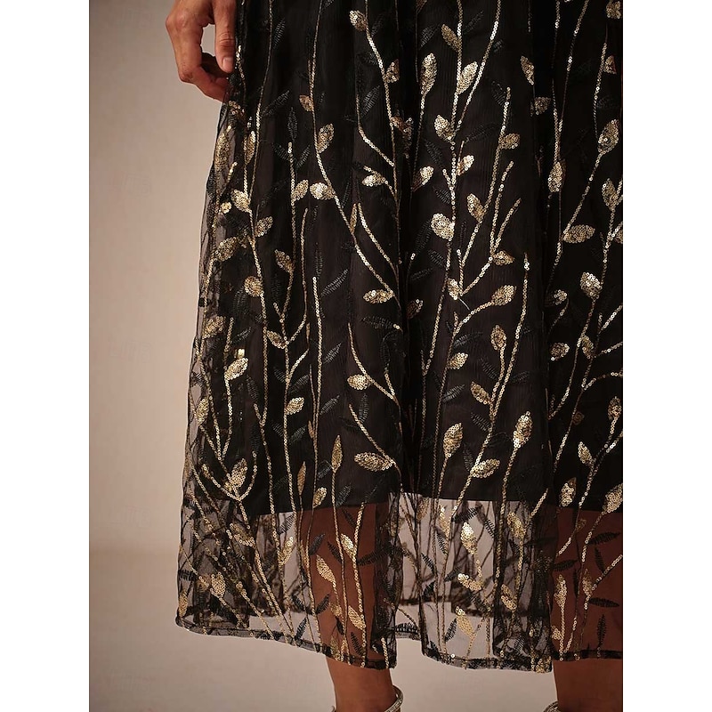 Women's Midi Dress V-Neck Long Sleeve Sheer Gold Branch Pattern Belted Elegant Party Evening Black Gold Full Size4