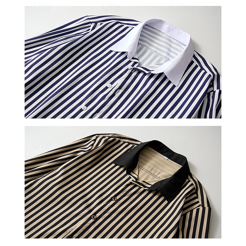 Men's Shirt Dress Shirt Button Up Shirt Plaid Wedding Daily White-blue & black stripe Yellow Wine Long Sleeve Lapel Spring &  Fall Clothing Apparel Patchwork2