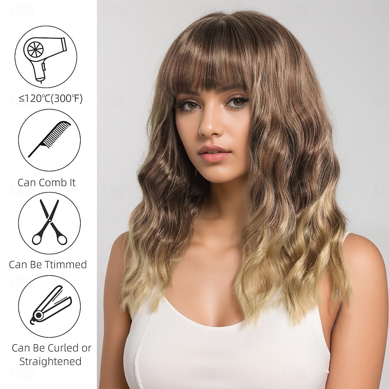 Women's Synthetic Wig Loose Curl Deep Wave Layered Haircut Deep Parting Machine Made 20 inch A1 Synthetic Hair Classic Highlighted Brown2