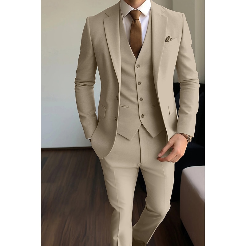 Men's Wedding Business Suits Notch Lapel Khaki Light Grey Formal Solid Colored Standard Fit 3 Piece Single Breasted Two-buttons