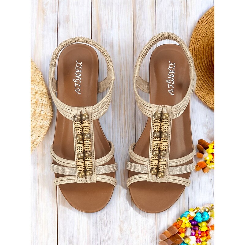 Women's Beige Wedge Sandals – Open - Toe, Braided Strap Footwear with Gold Bead Embellishments in Bohemian Style for Summer, Casual & Outdoor Events4