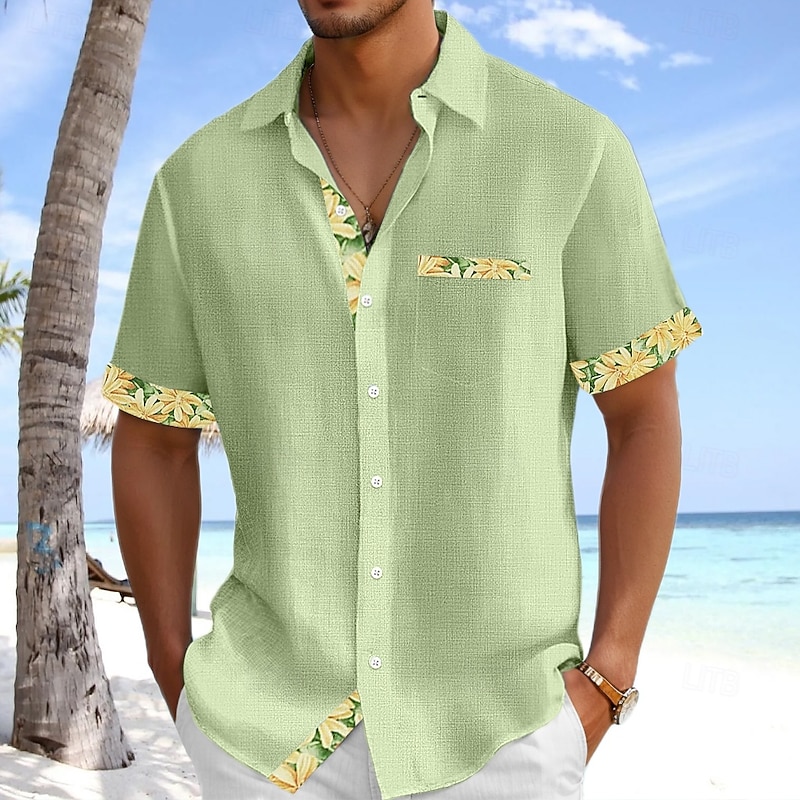 Men's Shirt Linen Shirt Summer Shirt Beach Shirt Untucked Shirts Plaid Vacation Holiday Light Green Pink Green Light Blue Short Sleeve Collar Summer Clothing Apparel