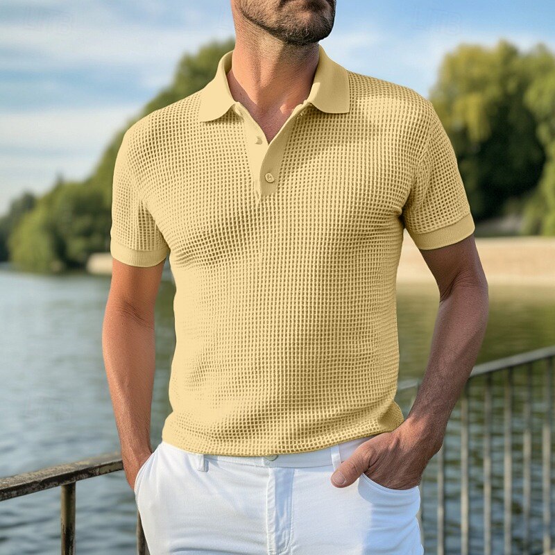 Men's Golf Shirt Waffle Knit Polo Shirt Business Casual Classic Short Sleeve Fashion Modern Solid Color Buttons Summer Spring Regular Fit White Yellow Light Green Burgundy Khaki Grey Golf Shirt2