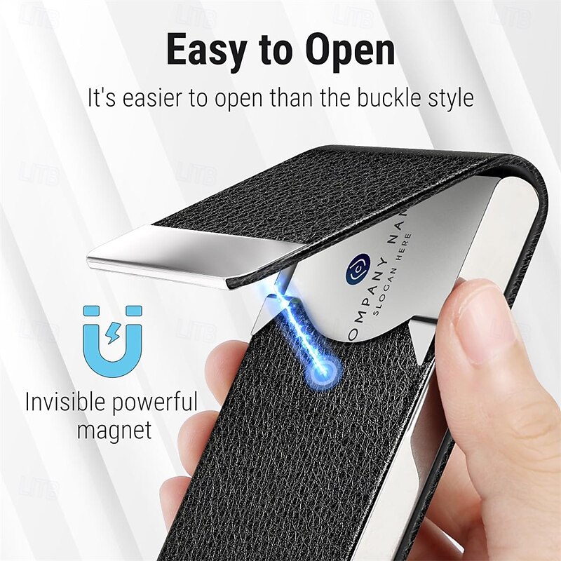 Business Card Holder PU Leather Business Card Case Pocket Card Holders Metal Slim Name Card Holder RFID Blocking Business Card Carrier with Magnetic Closure4
