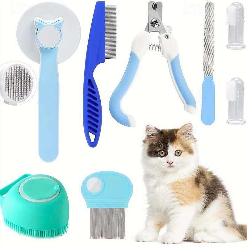 7pcs/set Cat And Dog Brush Grooming Set Pet Self Cleaning Brush With Pet Nail Clipper And File Flea Dog Comb Pet Bath Brush Pet Finger Toothbrush2