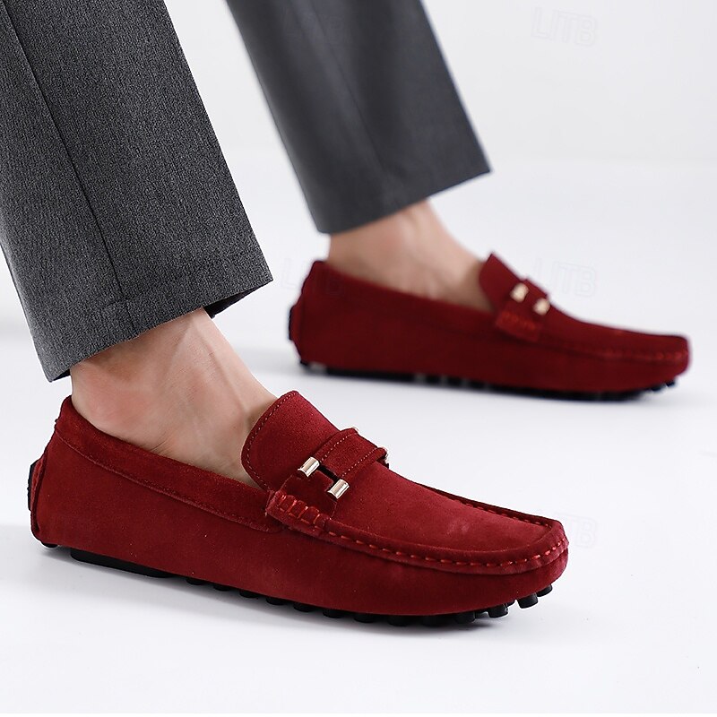 Men's Burgundy Suede Loafers – Slip-On Driving Moccasins with Metal Accent for Casual & Business Wear3