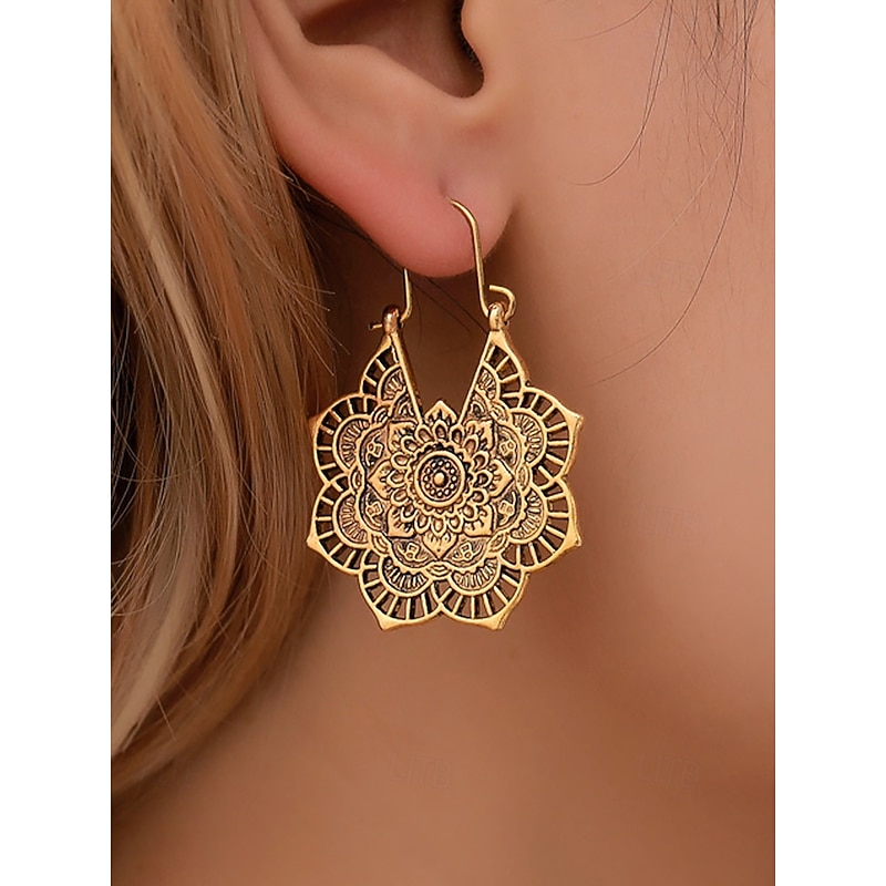 Bohemian Mandala Drop Earrings – Vintage Gold-Plated Hollow Flower Dangle Earrings for Women, Ethnic Statement Jewelry for Festivals, Parties and Everyday Wear