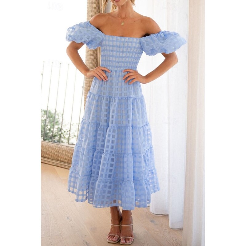 Women's Midi Dress Graduation Dress Fashion Modern Lantern Sleeve Vacation Graduation Weekend Regular Fit Plain Short Sleeve Off Shoulder Black White Yellow Pink Summer3