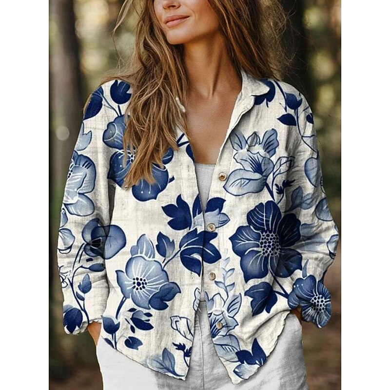 Women's Shirt Button Down Tunic Shirt Collar Long Sleeve Floral Graphic Stylish Casual Linen Like Regular Tops Daily Holiday Going out s Blue Green Spring