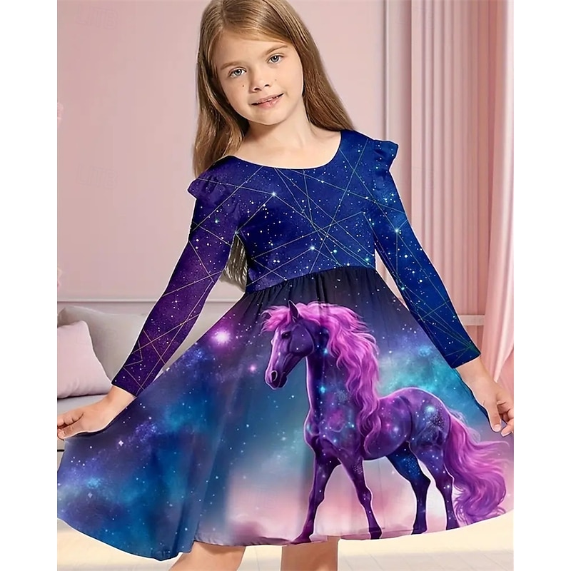 Girls' 3D Horse Dress Ruffle Dress Long Sleeve Summer Spring Vacation Daily Holiday Princess Beautiful Sweet Kids 4-12 Years Casual Dress A Line Dress Knee-length Regular Fit