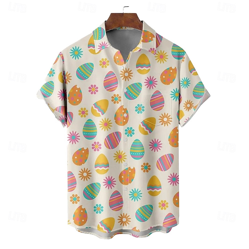 Easter Men's Bunny Easter Eggs Shirt Casual Shirt Button Up Shirt Short Sleeve Vintage Retro Vacation Holiday Festival Summer Spring Turndown 3D Print Collared Shirts Front One Pocket Pink Beige3