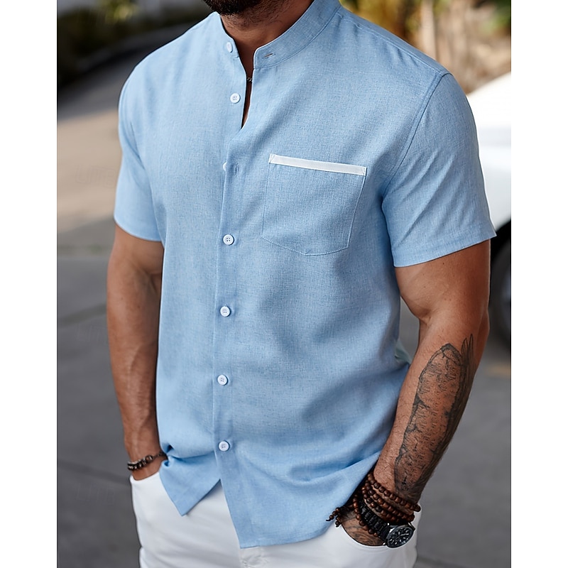 Men's Shirt Summer Shirt Casual Shirt Beach Shirt Button Up Shirt Light Green Pink Red Gray Light Blue Short Sleeve Plain Stand Collar Vacation Hawaiian Front Pocket Clothing Apparel Polyester