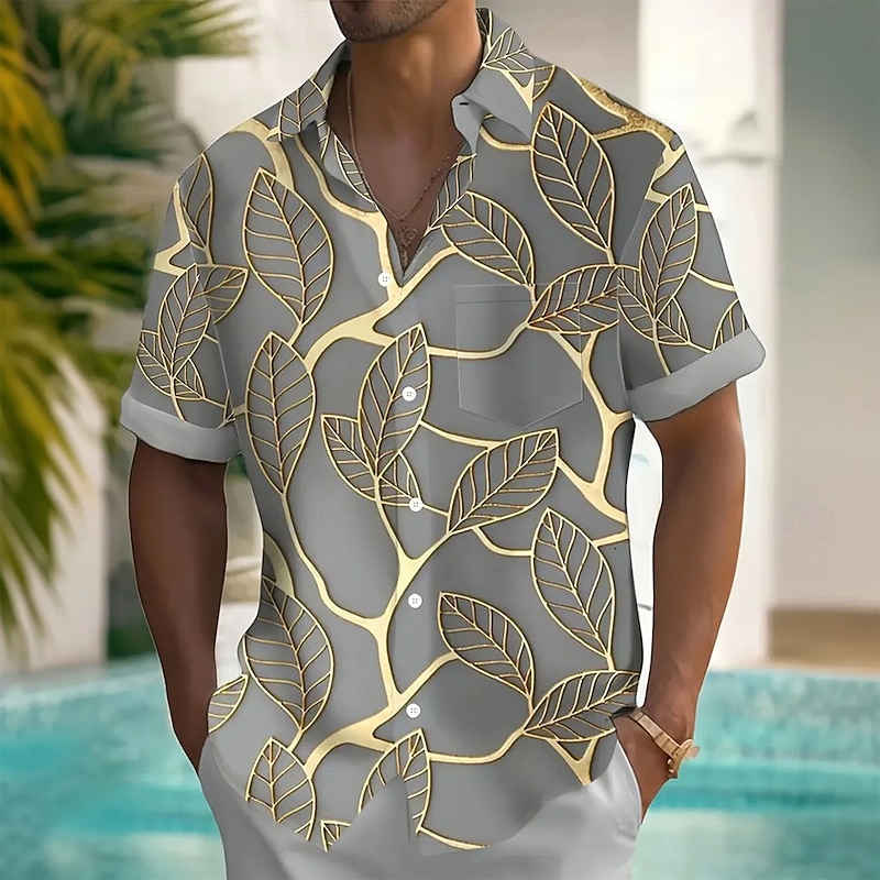 Men's Palm Leaf Tropical Plants Summer Hawaiian Shirt Button Up Shirt Short Sleeve Hawaiian Resort Vacation Holiday Beach Wear Summer Spring Turndown Collared Shirts Front One Pocket Yellow Blue