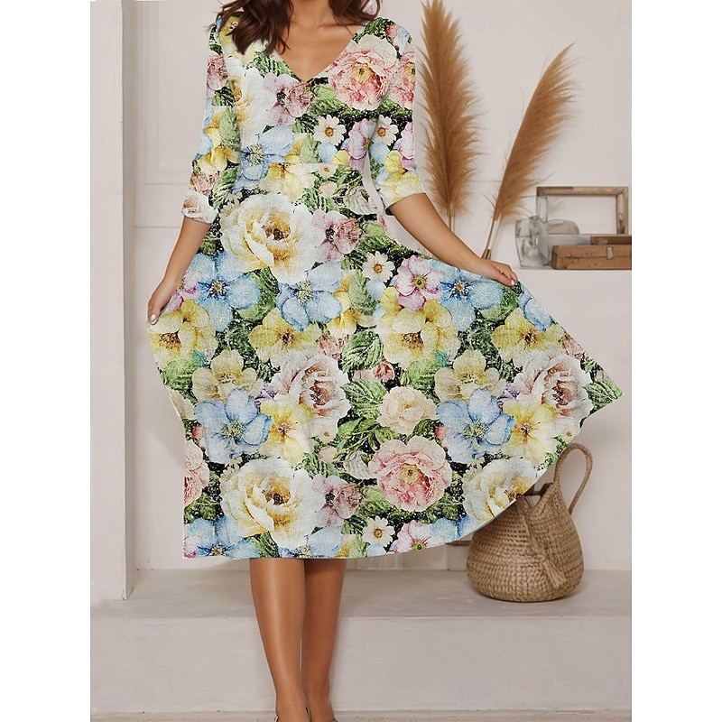 Women's Midi Dress A Line Dress Summer Dress Vacation Casual Daily Regular Fit Floral Graphic Long Sleeve V Neck Pink Blue Green Summer3