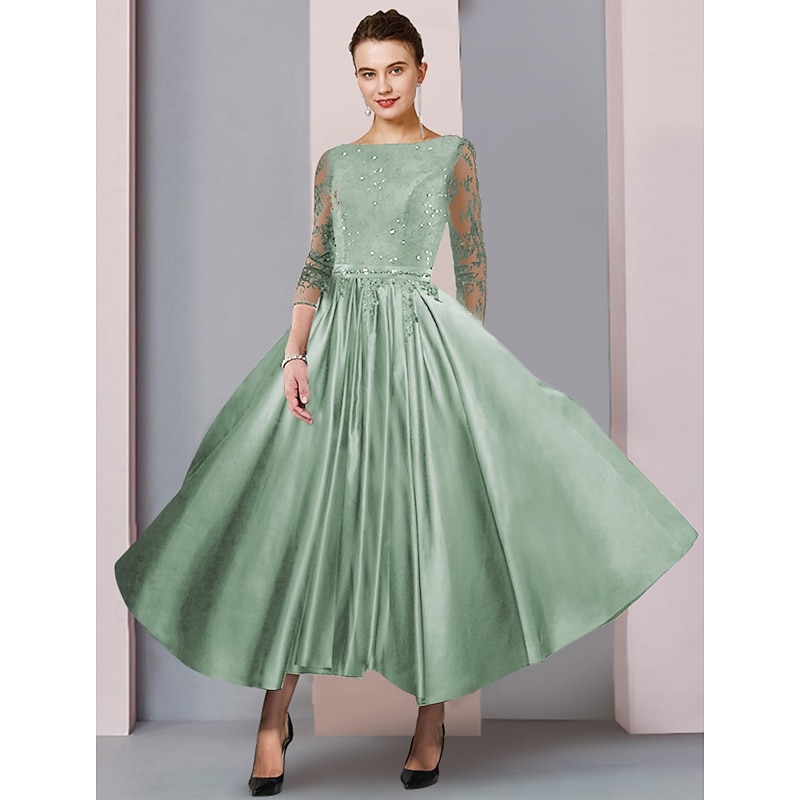 A-Line Mother of the Bride Dress Formal Wedding Guest Elegant Party Scoop Neck Tea Length Satin Lace 3/4 Length Sleeve with Sash / Ribbon Pleats