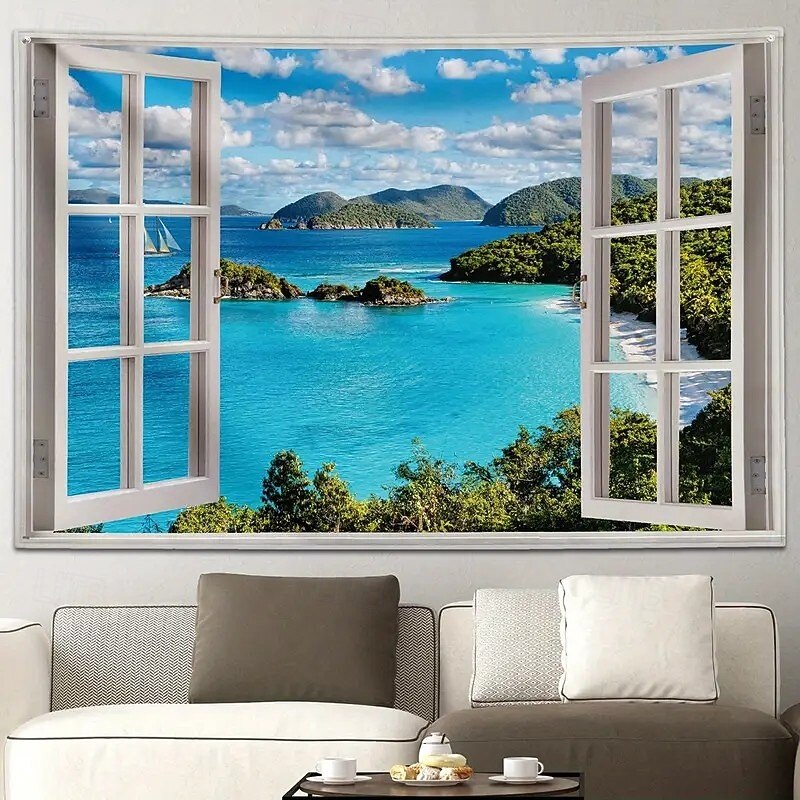 Landscape Ocean Window View Hanging Tapestry Wall Art Large Tapestry Mural Decor Photograph Backdrop Blanket Curtain Home Bedroom Living Room Decoration