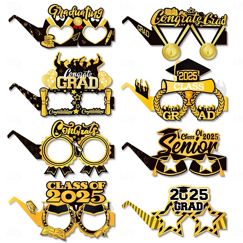8pcs Set 2025 Graduation Photo Paper Glasses Decorations, Fun Photo Props for Graduation Party and School Event Decorations