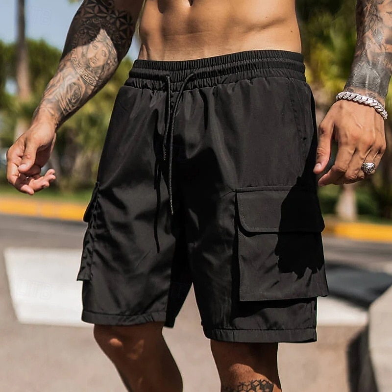 Men's Cargo Shorts Shorts Bermuda shorts Casual Shorts Baggy Shorts Drawstring Elastic Waist Multi Pocket Plain Breathable Quick Dry Knee Length Outdoor Casual Running Fashion Streetwear Black Gray