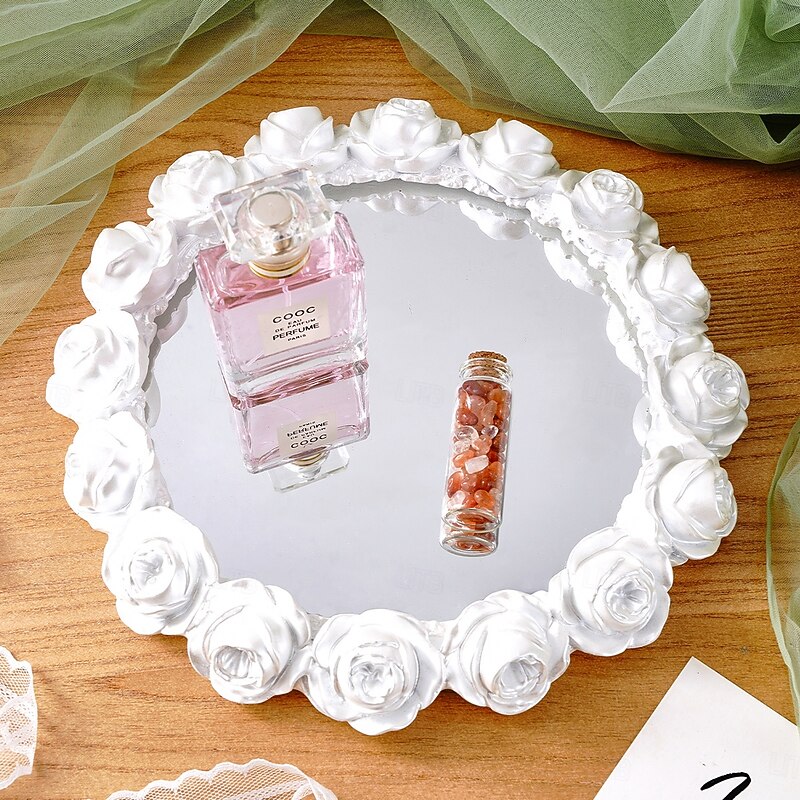Rose Wreath Mirror Tray – Vintage Resin Decorative Tray with High-Definition Glass Mirror, Elegant Floral Design for Makeup Storage, Jewelry Display, Photography Prop, and Vanity Table Decor3