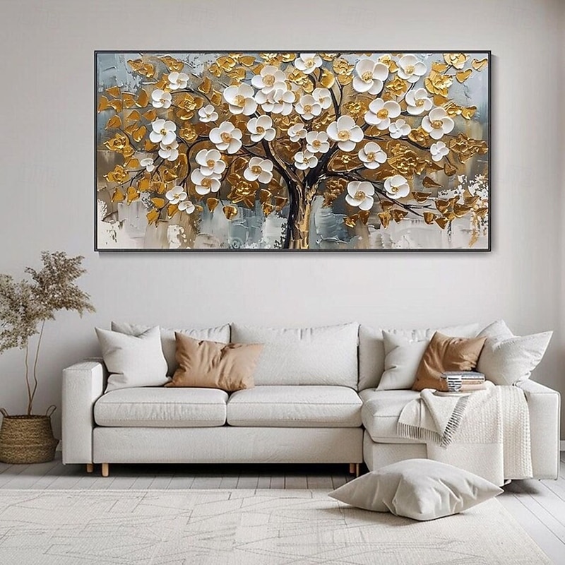 3D Textured gold oil painitng hand painted Wall Art Gold Foil Painting Trees Art painitng handmade  Gold White Blooming Tower Tree Painting On Canvas for Living Room Art Natural Painting bedroom art