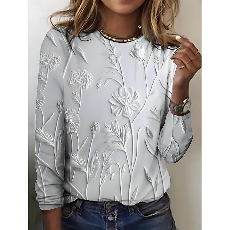 Women's 3D Print T shirt Long Sleeve Crew Neck Long Sleeve Tunic 3D Print Floral Casual Round Neck Regular Tops Weekend Print Pearl Pink Blue Purple Green Fall Winter Prefall2