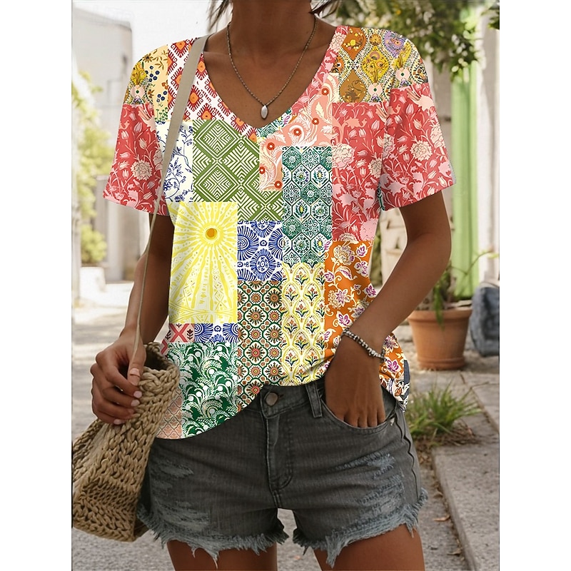 Women's T Shirt Ombre Floral Graphic Casual Short Sleeve V Neck Regular Tops Daily Print Yellow Red Blue Summer Spring3