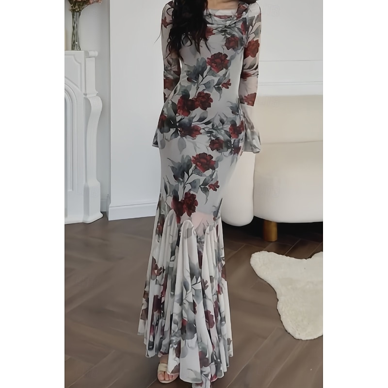 Women's Long Dress Maxi Dress Sheath Dress Floral Dress Print Dress Fashion Elegant Dress Outdoor Holiday Date Regular Fit Flower Long Sleeve Crew Neck Rose Spring2