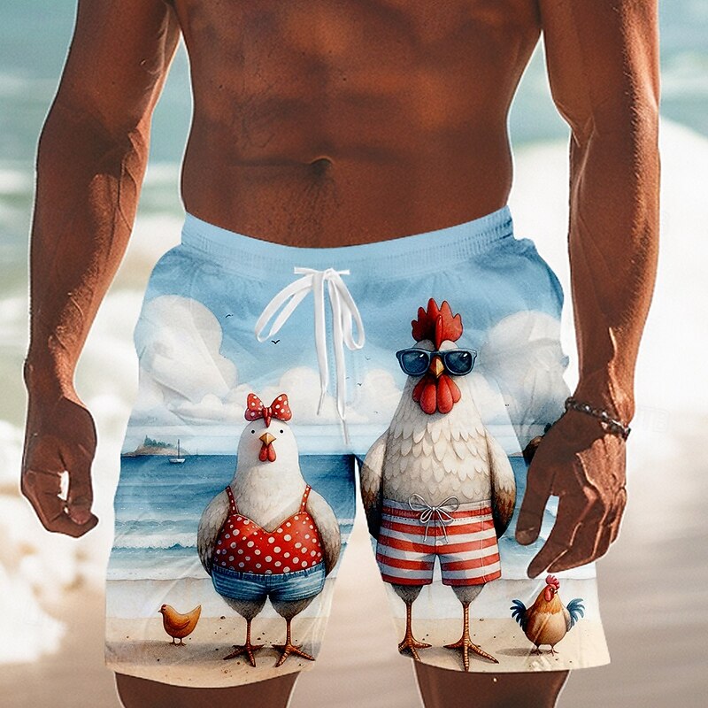 Men's Animal Chick Funny Swim Trunks Swim Shorts Board Shorts Mid Waist Streetwear Hawaiian Vacation Drawstring Mesh Lining Elastic Waist Designer Clothing Apparel