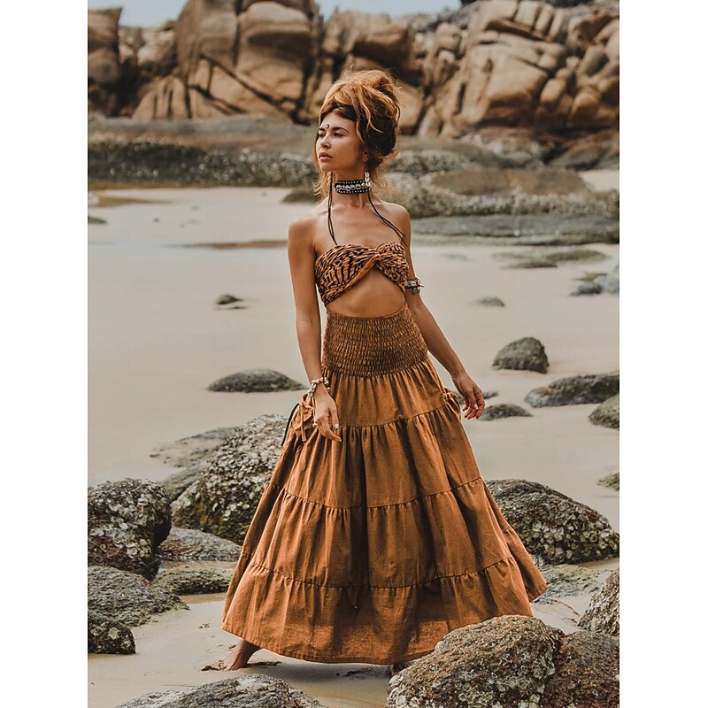 Retro Vintage Medieval Renaissance Maxi Skirt Vikings Elven Elastic Waist Regency Inspired Solid Color Fancy Dress Women's Fantasy Masquerade Vacation Casual Daily LARP Adults' Skirt Spring & Summer2