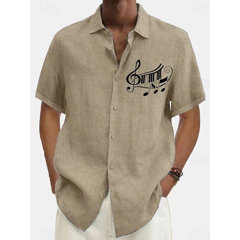Men's Summer Shirt Casual Shirt Beach Shirt Button Up Shirt Black Navy Blue khaki Gray Short Sleeve Pattern Symbol Lapel Vacation Hawaiian Clothing Apparel Polyester Fashion Casual Comfortable