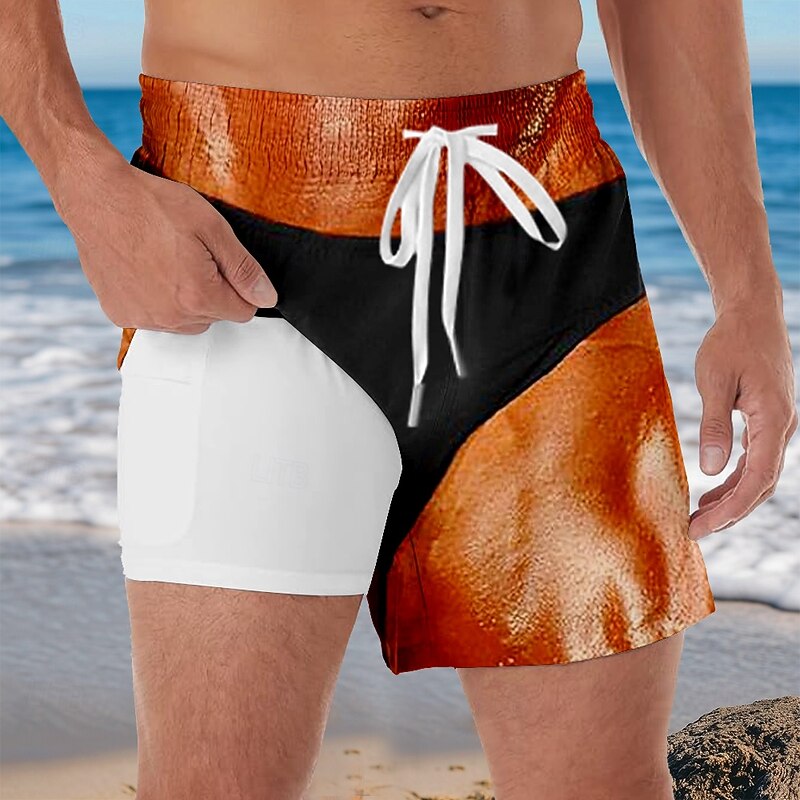 Men's Color Block Funny Costume Lined Shorts 2 in 1 Board Shorts Swim Shorts Mid Waist Hawaiian Vacation Beach Wear Side Pockets With Compression Liner Elastic Drawstring Waist Designer Clothing4