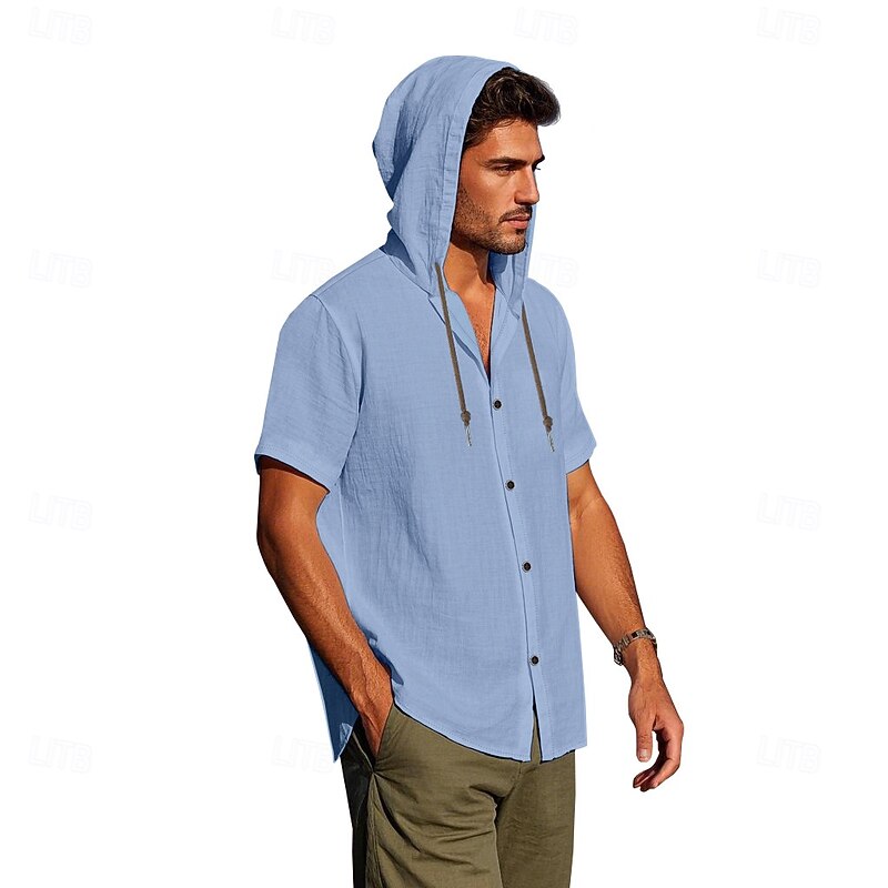 Men's Shirt Linen Shirt Summer Shirt Beach Shirt Solid Color Vacation Casual Black White Blue Khaki Short Sleeve Hooded Summer Spring Clothing Apparel3