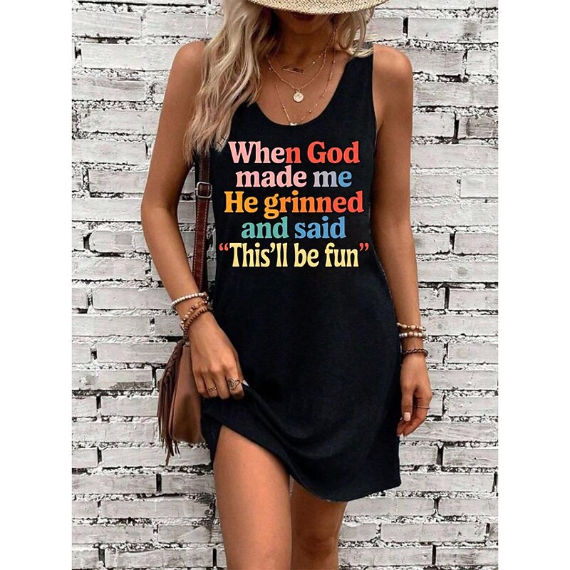 Women's GOD Mini Dress Summer Dress Casual Beach Daily Loose Fit Graphic Letter Sleeveless U Neck Black Gray Summer