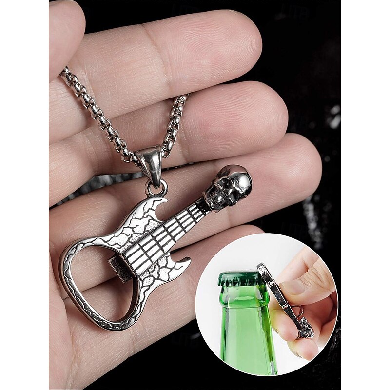Men's Punk Rock Guitar Necklace with Skull Pendant – Stainless Steel Bottle Opener Chain for Music Lovers, Party & Bar Accessories