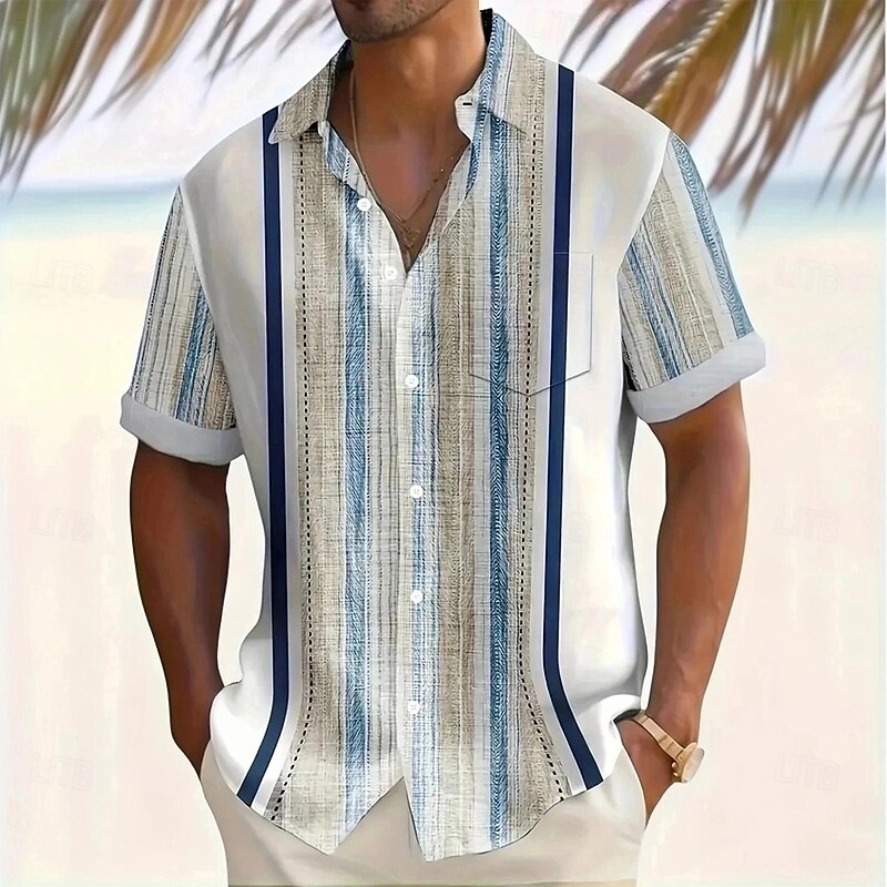 Men's Geometric Striped Shirt Casual Shirt Button Up Shirt Short Sleeve Fashion Casual Vacation Holiday Streetwear Summer Turndown 3D Print Collared Shirts Front One Pocket White