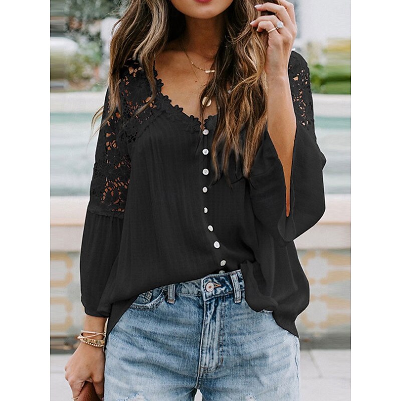 Women's Blouse Solid Color Stylish Casual Long Sleeve V Neck Regular Tops Daily Buttons Black White Red Purple Green Summer Spring4