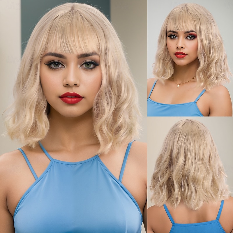 Synthetic Wig Wavy Curly Weave Asymmetrical Neat Bang Machine Made Wig 14 inch A1 Synthetic Hair Women's Classic Comfortable Color Gradient Light Brown