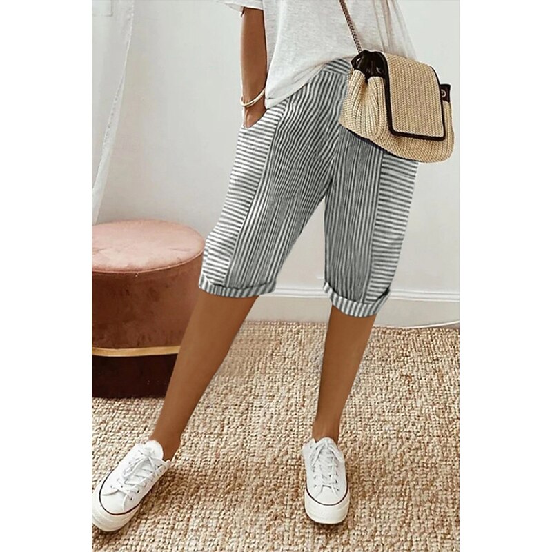 Women's Cotton Linen Pants Slacks Crop Casual Knee Length Natural Striped Pocket Elastic Waist Comfy Outdoor Comfortable Daily Wear Going out Light Sky Blue Black Pink Summer Regular Fit3