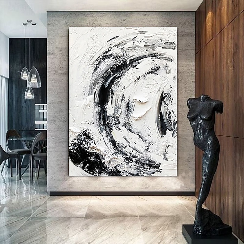 Handmade Oil Painting Canvas Wall Art Decoration Abstract Simple Black and White Texture for Home Decor Rolled Frameless Unstretched Painting