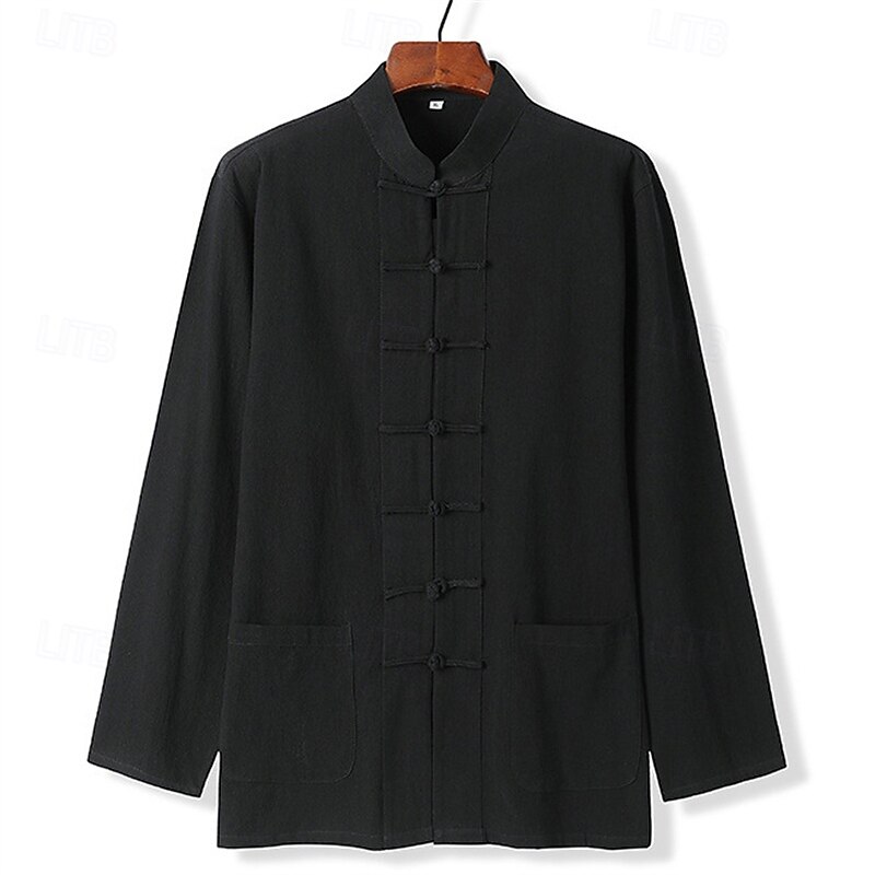 Men's Shirt Linen Shirt Casual Shirt Button Up Shirt Cotton Shirt Plain Vacation Hawaiian Black White Navy Blue Dark Green Long Sleeve Stand Collar Spring &  Fall Clothing Apparel Button-Down4